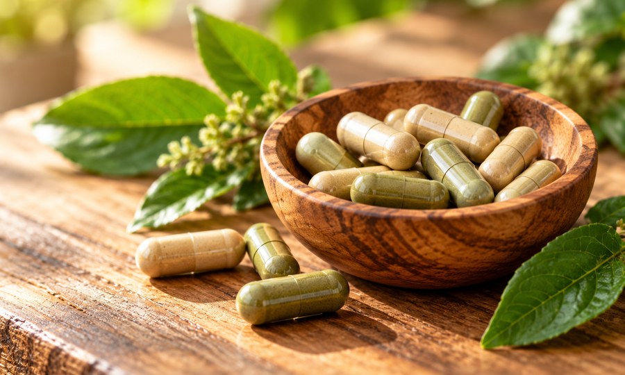 Supplement capsules in a wooden bowl